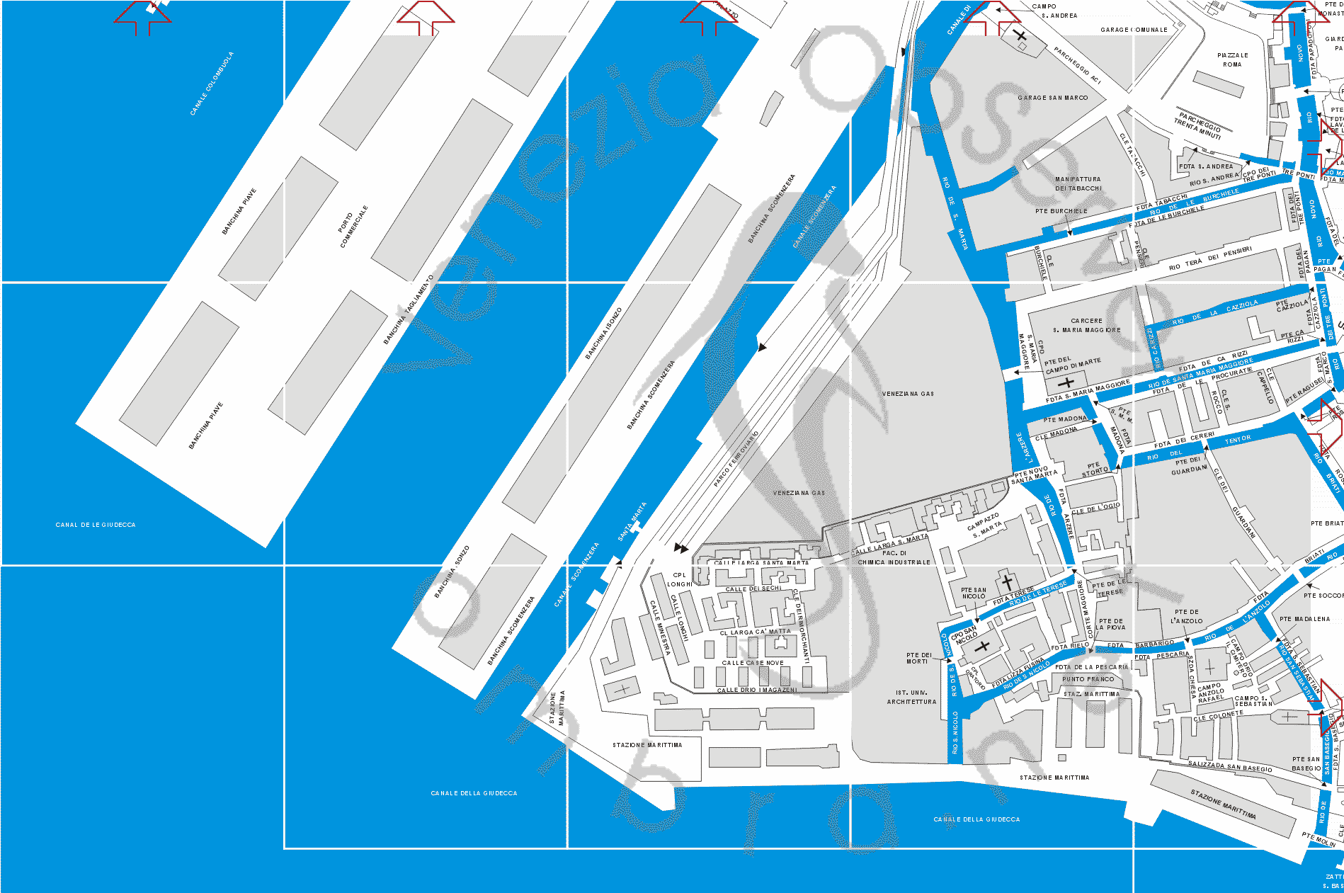 map of Venice Piazzale Roma Santa Marta with venetian itineraries